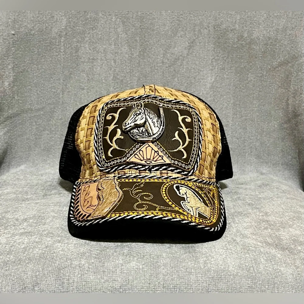 Western Ranch Style Trucker SnapBack Hat Black Mesh Horse Logo Cap‎